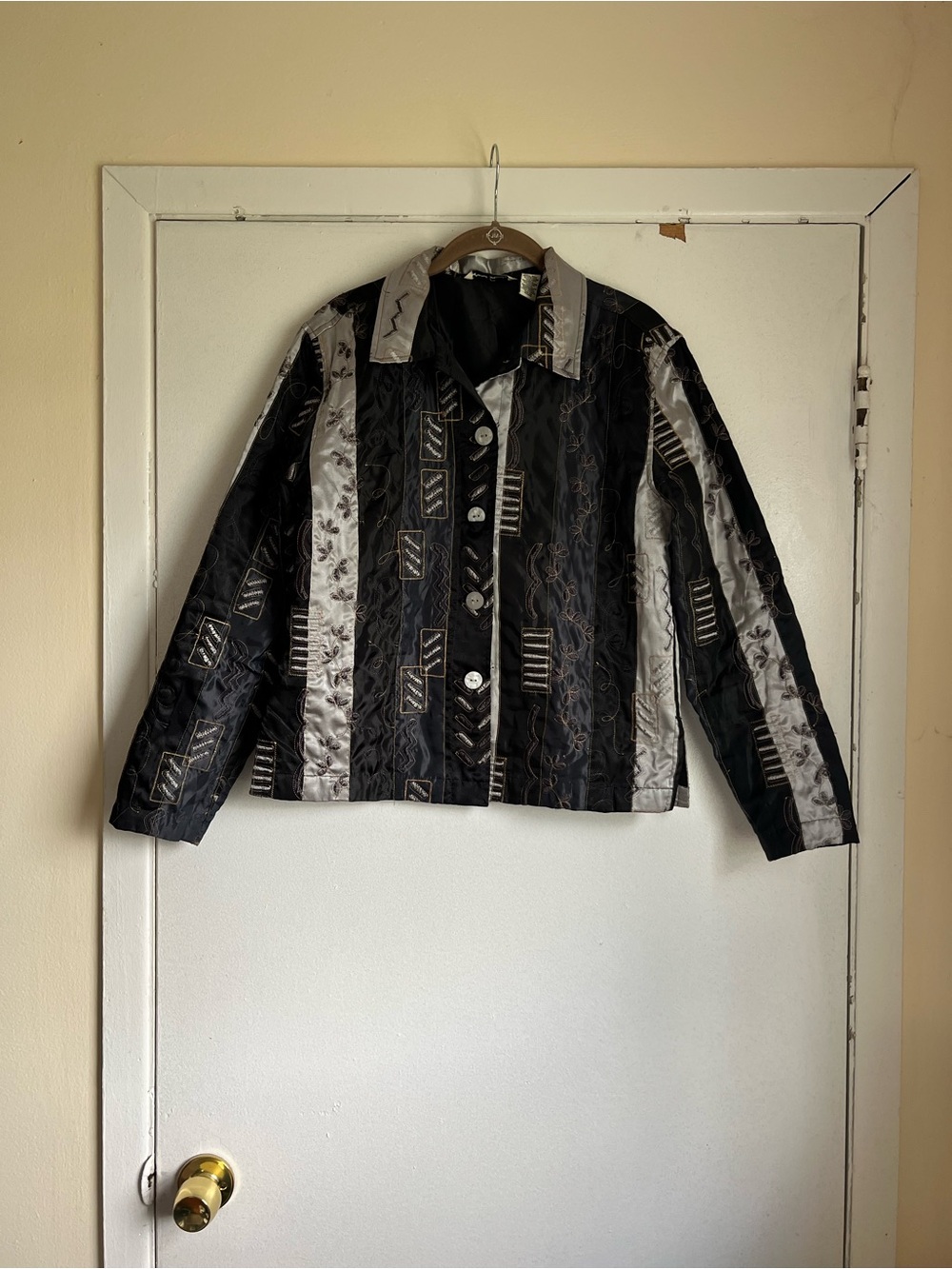 French Laundry Women's Vintage Jacket Black Silver Gray Embroidered Floral Sz S